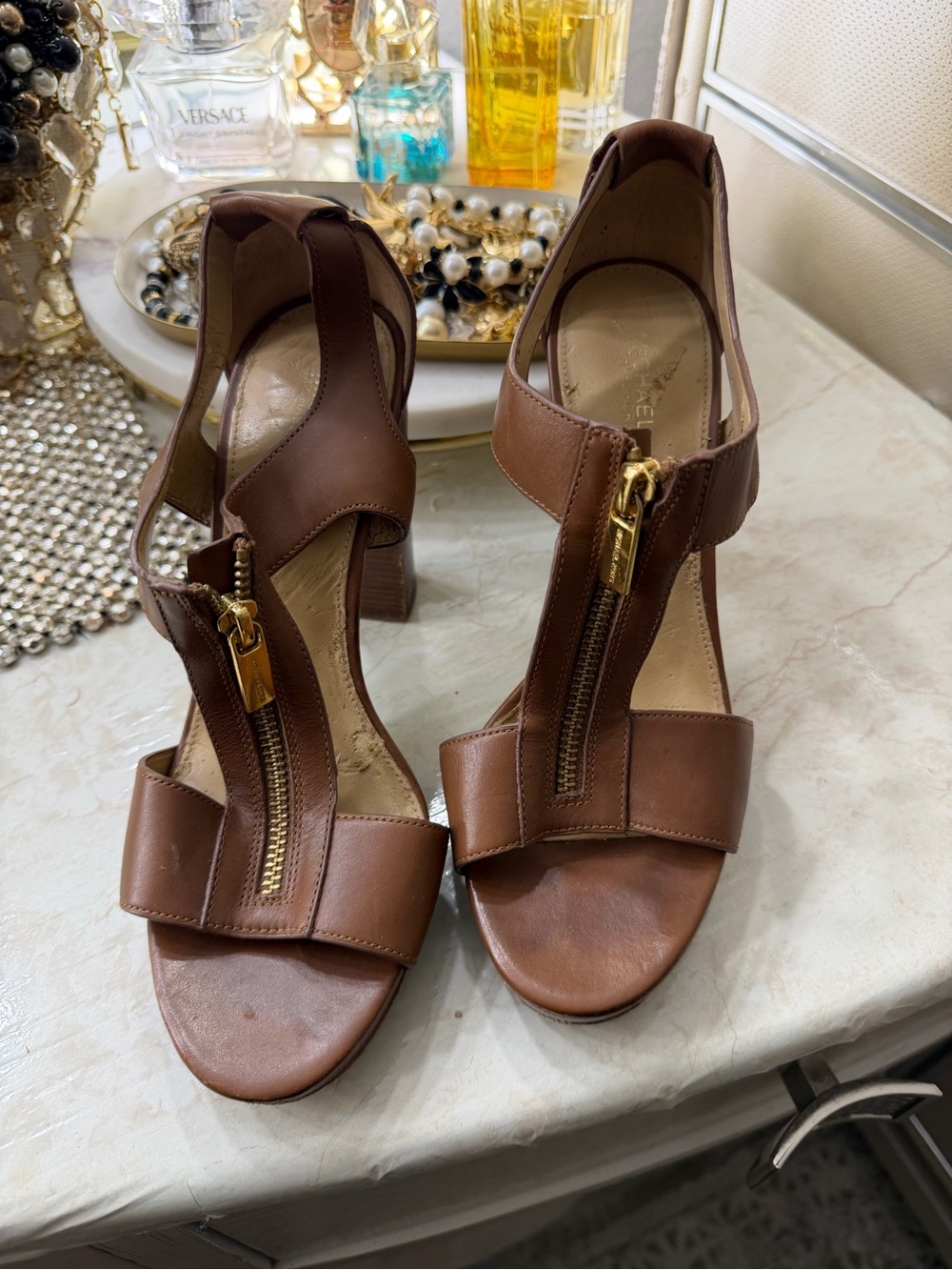 Mk Brown Leather Zipper Front Women's Sandals